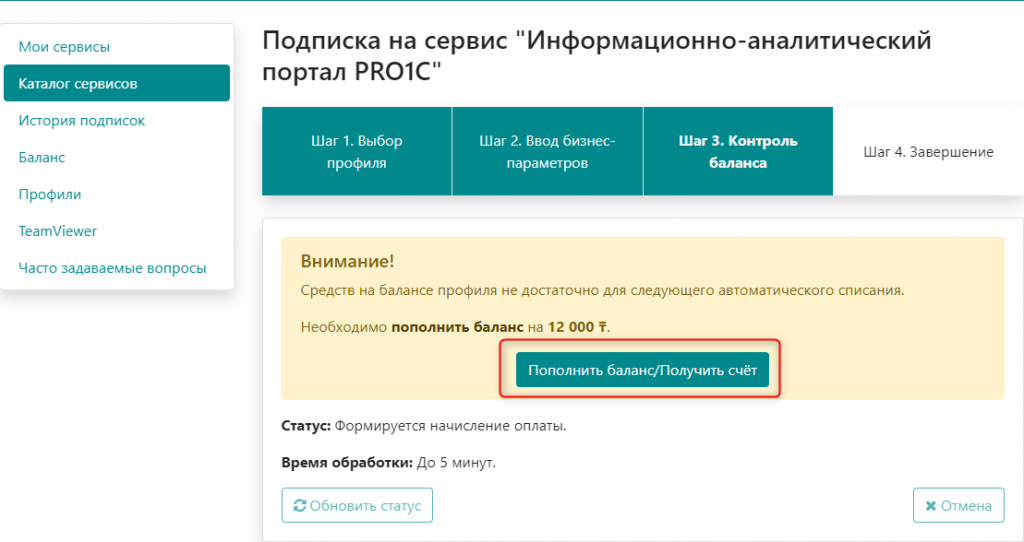 Подписка на сервис - пополнение баланса